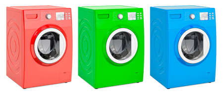 Colored Washing Machines, side view. 3D rendering isolated on white backgroundの写真素材