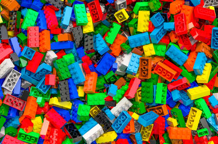 Background from colored plastic building blocks, 3D rendering isolated on white backgroundの写真素材