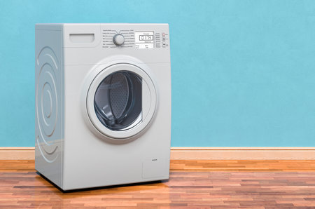 Washing machine in room on the wooden floor, 3D rendering