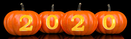 2020 Halloween concept. Pumpkins with carved 2020, 3D rendering isolated on black background