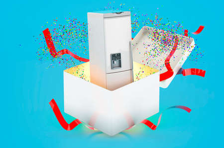 Fridge inside gift box, 3D rendering on blue backgroundの写真素材