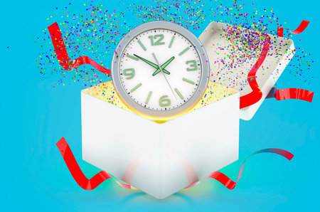 Wall clock inside gift box, gift concept. 3D rendering isolated on blue background