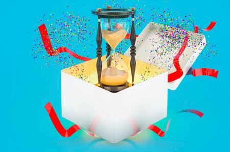 Hourglass inside gift box, 3D rendering on blue background