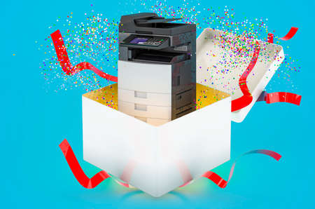 Office multifunction printer MFP inside gift box, 3D rendering on blue backgroundの写真素材