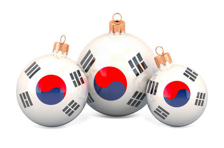 Christmas baubles with South Korean flag, 3D rendering isolated on white backgroundの写真素材