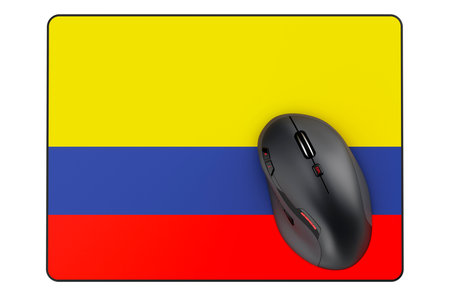 Computer mouse and mouse pad with Colombian flag, 3D rendering isolated on white backgroundの写真素材