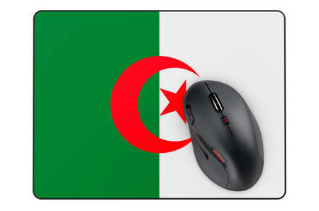 Computer mouse and mouse pad with Algerian flag, 3D rendering isolated on white backgroundの写真素材