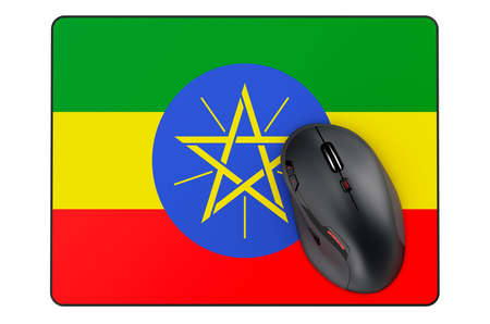 Computer mouse and mouse pad with Ethiopian flag, 3D rendering isolated on white backgroundの写真素材