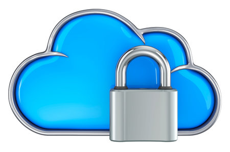 Cloud storage with chain and shield. Security and data protection concept, 3D rendering isolated on white backgroundの写真素材