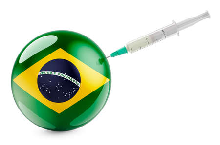 Syringe with Brazilian flag. Vaccination in Brazil concept, 3D rendering isolated on white backgroundの写真素材