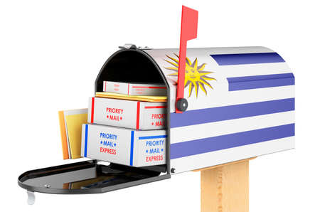 Mailbox with Uruguayan flag with parcels, envelopes inside. Shipping in Uruguay, concept. 3D rendering isolated on white backgroundの写真素材