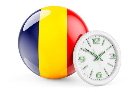 Romanian flag with clock. Time in Romania, 3D rendering isolated on white backgroundの写真素材