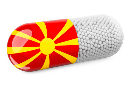 Pill capsule with Macedonian flag. Healthcare in Macedonia concept. 3D rendering isolated on white backgroundの写真素材