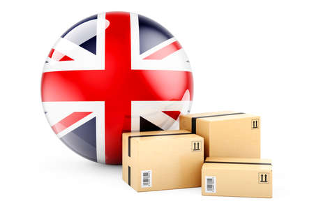Parcels with British flag. Shipping and delivery in the Great Britain, concept. 3D rendering isolated on white backgroundの写真素材