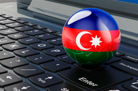 Azerbaijani flag on laptop keyboard. Online business, e-education, shopping in Azerbaijan concept. 3D renderingの写真素材