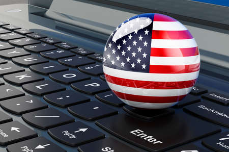 The United States flag on laptop keyboard. Online business, e-education, shopping in the USA concept. 3D renderingの写真素材