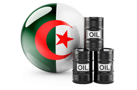 Oil barrels with Algerian flag. Oil production or trade in Algeria concept, 3D rendering isolated on white backgroundの写真素材