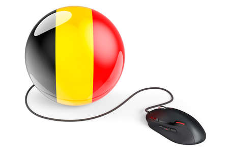Computer mouse with Belgian flag. Internet network in Belgium concept. 3D rendering isolated on white backgroundの写真素材