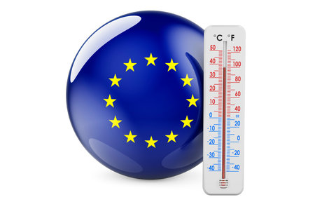 Thermometer with The EU flag. Heat in the European Union concept. 3D rendering isolated on white...