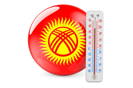 Thermometer with Kyrgyz flag. Heat in Kyrgyzstan concept. 3D rendering isolated on white background