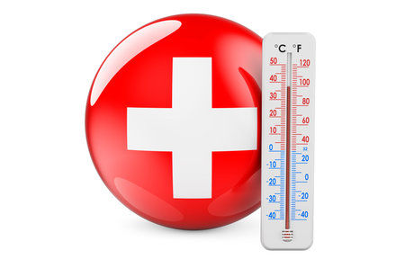 Thermometer with Swiss flag. Heat in Switzerland concept. 3D rendering isolated on white background