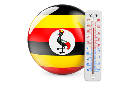 Thermometer with Ugandan flag. Heat in Uganda concept. 3D rendering isolated on white background