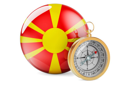 Compass with Macedonian flag. Travel and tourism in Macedonia concept. 3D rendering isolated on white backgroundの写真素材