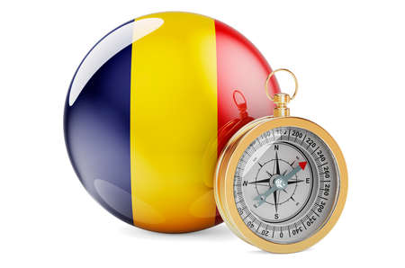 Compass with Romanian flag. Travel and tourism in Romania concept. 3D rendering isolated on white backgroundの写真素材