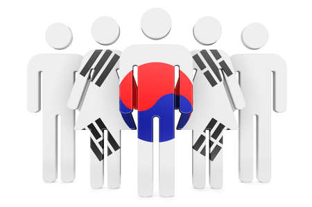 Stick figures with South Korean flag. Social community and citizens of South Korea, 3D rendering isolated on white backgroundの写真素材