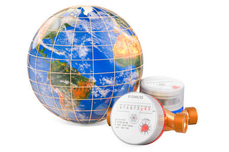 Water consumption in the world. Water meters with Earth Globe. 3D rendering isolated on white backgroundの写真素材