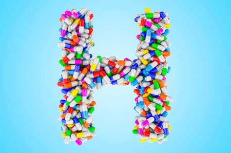 Letter H from medicine capsules, pills. 3D rendering isolated on blue backgroundの写真素材