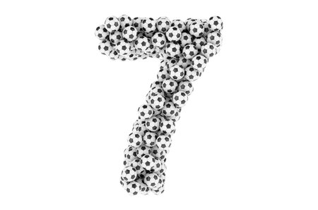 Number 7 from soccer balls or football balls, 3D rendering isolated on white background