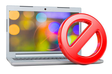 No laptop prohibition sign 3D rendering isolated on white backgroundの写真素材