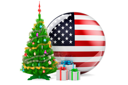 Christmas and New Year in the USA, concept. Christmas tree and gift boxes with the United States flag, 3D rendering isolated on white backgroundの写真素材
