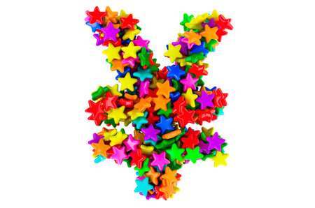 Yen or yuan symbol from colored stars, uppercase and lowercase letters. 3D rendering isolated on...