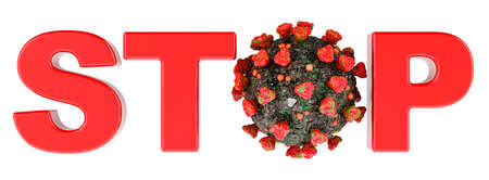 STOP inscription with virus. Stop virus concept. 3D rendering isolated on white backgroundの写真素材