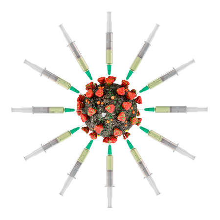 Virus with syringes. Vaccination concept. 3D rendering isolated on white backgroundの写真素材