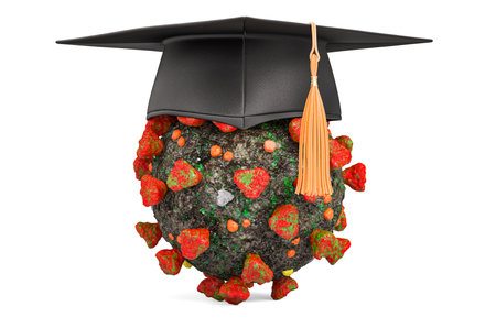 Virus with graduate cap, 3D rendering isolated on white background