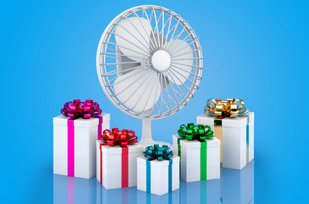 Table fan with presents, 3D rendering isolated on blue background