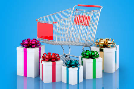 Shopping trolley with presents, 3D rendering isolated on blue backgroundの写真素材