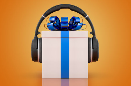 Present with headphones, 3D rendering isolated on orange backgroundの写真素材