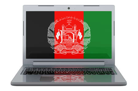 Afghan flag on laptop screen. 3D illustration isolated on white backgroundの写真素材