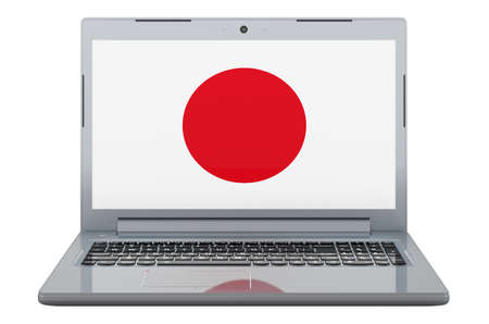 Japanese flag on laptop screen. 3D illustration isolated on white backgroundの写真素材