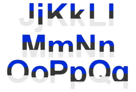 Letters with Estonian flag. J, K, L, M, N, O, P uppercase and lowercase letters. 3D rendering isolated on white backgroundの写真素材