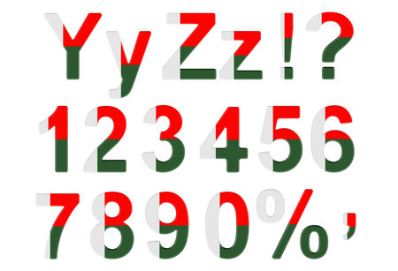 Letters, numbers and punctuation marks with Madagascar flag. Y, Z, 1, 2, 3, 4, 5, 6, 7, 8, 9, 0. 3D...