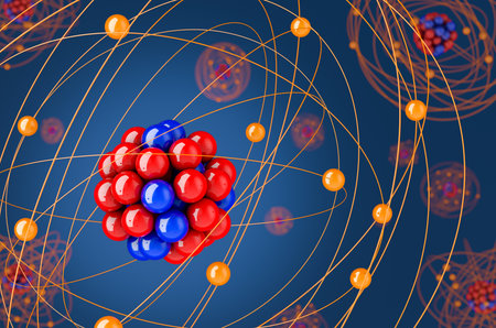 Structure of atom, 3D rendering on blue background