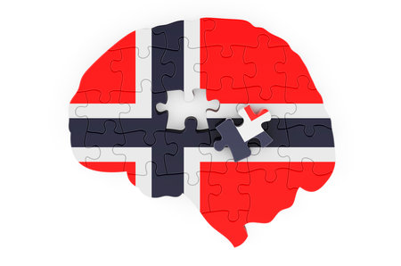 Norwegian flag painted on the brain from puzzles. Scientific research and education in Norway concept, 3D rendering isolated on white backgroundの写真素材