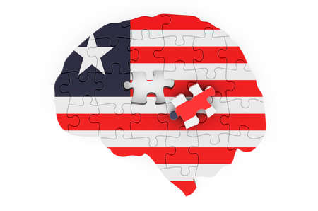 Liberian flag painted on the brain from puzzles. Scientific research and education in Liberia concept, 3D rendering isolated on white backgroundの写真素材