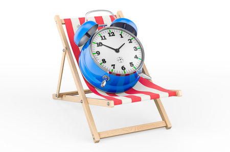 vacation time concept. Deckchair with alarm clock, 3D rendering isolated on white background