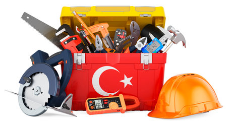 Turkish flag painted on the toolbox. Service, repair and construction in Turkey, concept. 3D...